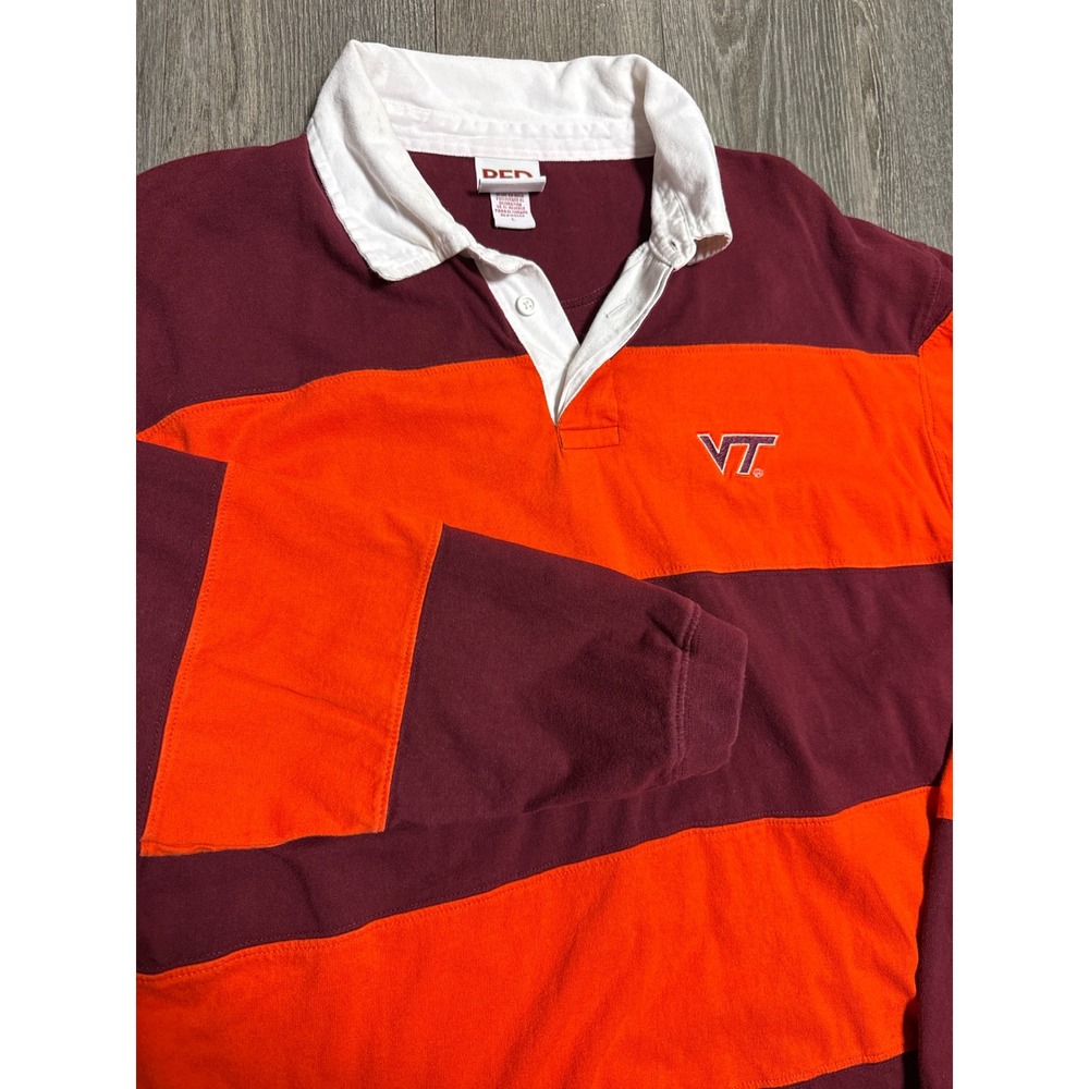 Red Oak Virginia Tech Hokies Rugby Shirt Mens Large Maroon Orange Striped VT